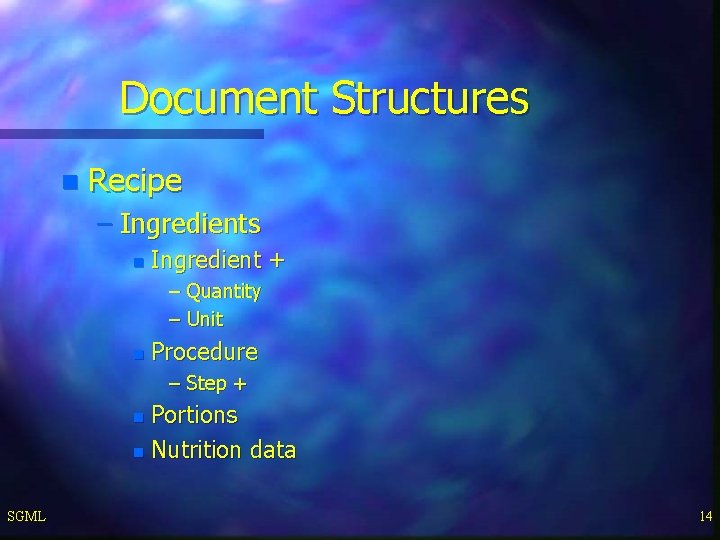 Document Structures n Recipe – Ingredients n Ingredient + – Quantity – Unit n Document Structures n Recipe – Ingredients n Ingredient + – Quantity – Unit n
