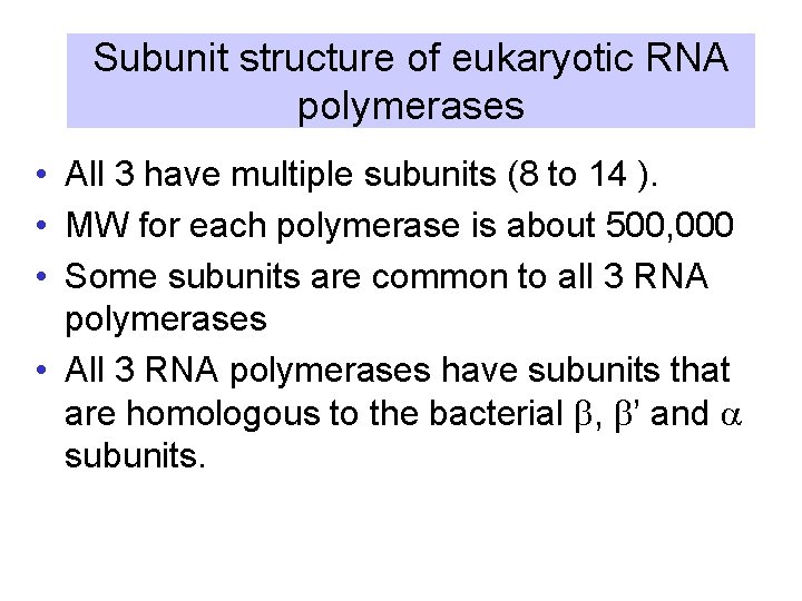 Subunit structure of eukaryotic RNA polymerases • All 3 have multiple subunits (8 to