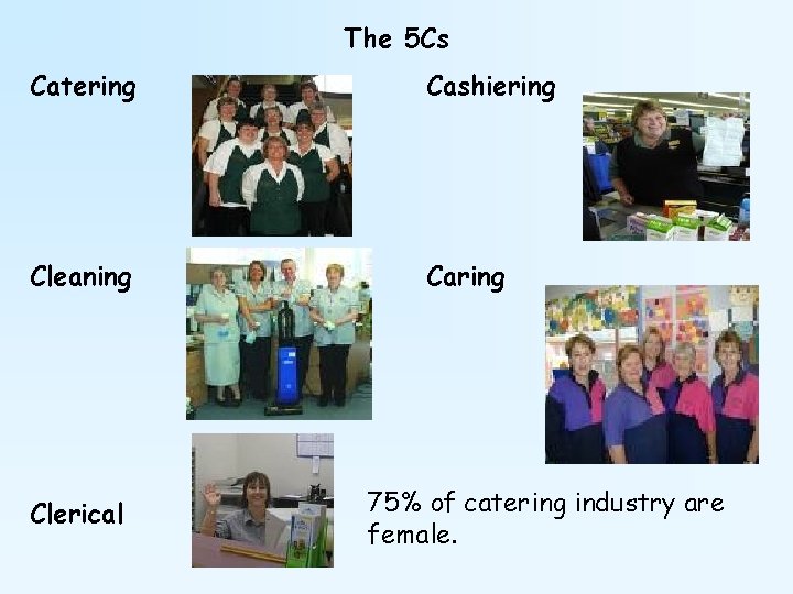 The 5 Cs Catering Cashiering Cleaning Caring Clerical 75% of catering industry are female.