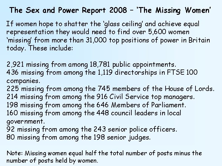 The Sex and Power Report 2008 – ‘The Missing Women’ If women hope to