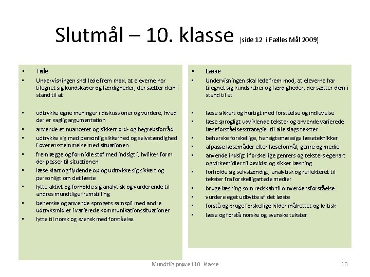 Slutmål – 10. klasse (side 12 i Fælles Mål 2009) • Tale • Læse