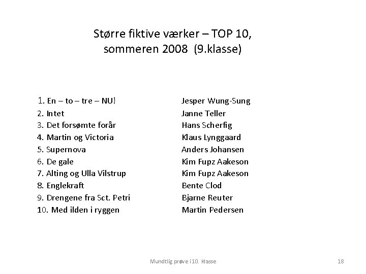 Større fiktive værker – TOP 10, sommeren 2008 (9. klasse) 1. En – to