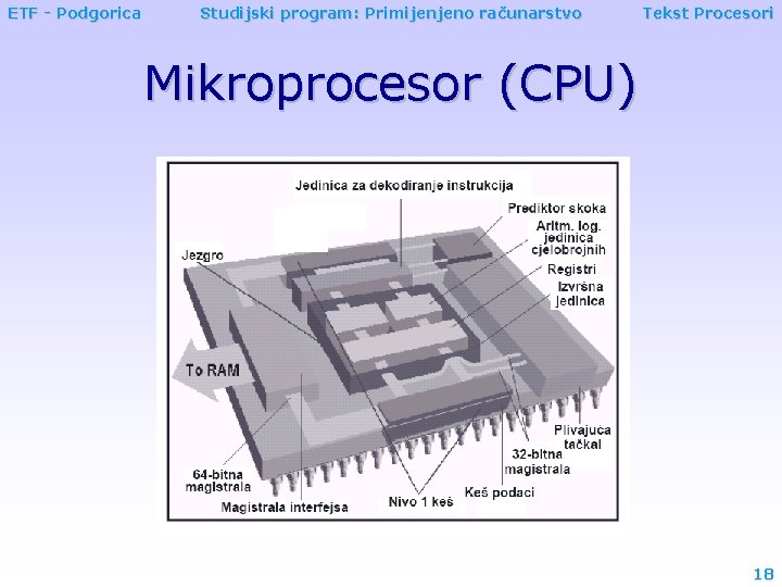 ETF - Podgorica Studijski program: Primijenjeno računarstvo Tekst Procesori Mikroprocesor (CPU) 18 