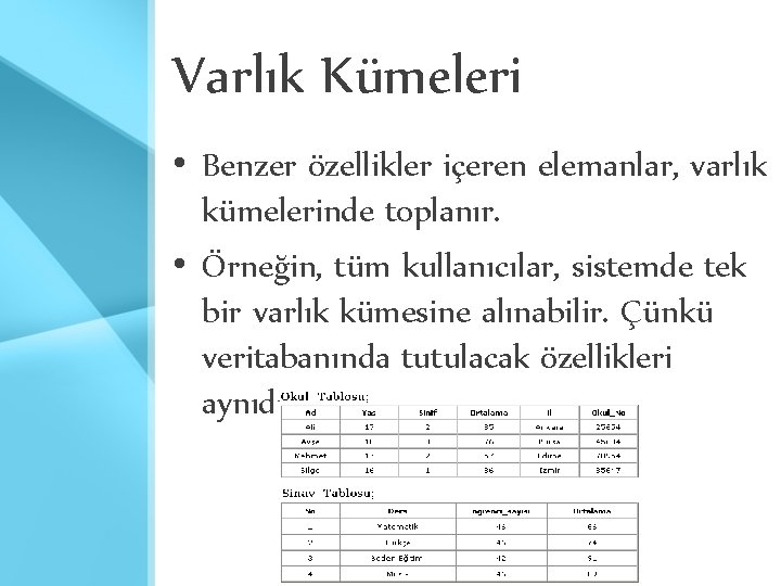 Varlık Kümeleri • Benzer özellikler içeren elemanlar, varlık kümelerinde toplanır. • Örneğin, tüm kullanıcılar,