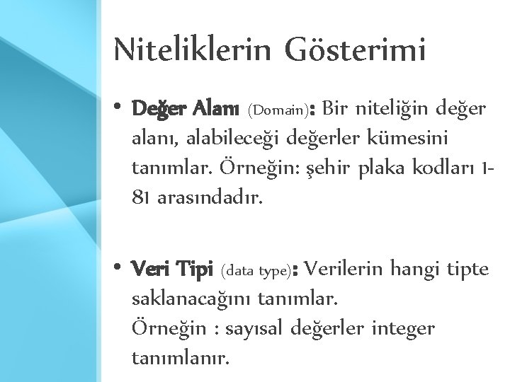 Niteliklerin Gösterimi • Değer Alanı (Domain): Bir niteliğin değer alanı, alabileceği değerler kümesini tanımlar. Niteliklerin Gösterimi • Değer Alanı (Domain): Bir niteliğin değer alanı, alabileceği değerler kümesini tanımlar.