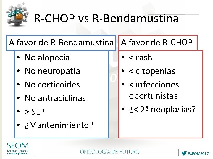 R-CHOP vs R-Bendamustina A favor de R-CHOP • • • No alopecia No neuropatía