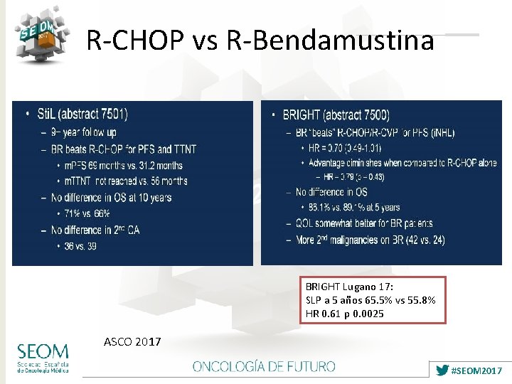 R-CHOP vs R-Bendamustina BRIGHT Lugano 17: SLP a 5 años 65. 5% vs 55.