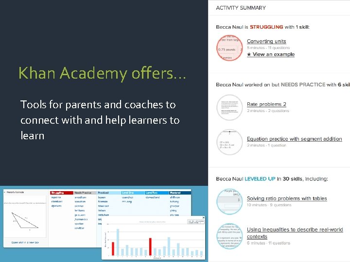 Khan Academy offers… Tools for parents and coaches to connect with and help learners