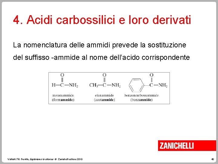 4. Acidi carbossilici e loro derivati La nomenclatura delle ammidi prevede la sostituzione del