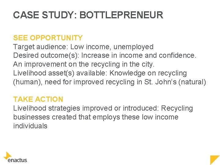 CASE STUDY: BOTTLEPRENEUR SEE OPPORTUNITY Target audience: Low income, unemployed Desired outcome(s): Increase in