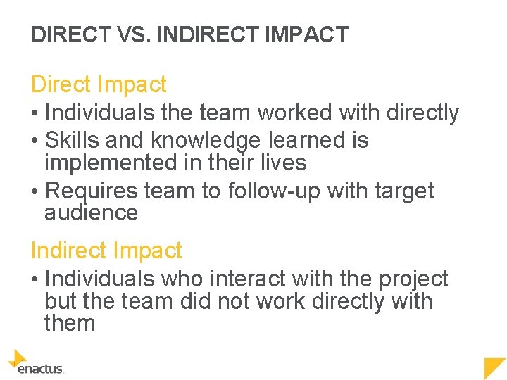 DIRECT VS. INDIRECT IMPACT Direct Impact • Individuals the team worked with directly •
