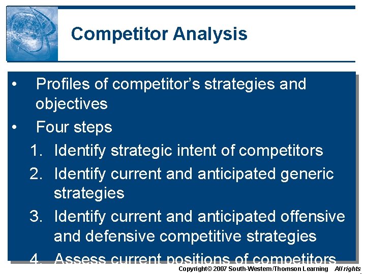 Competitor Analysis • Profiles of competitor’s strategies and objectives • Four steps 1. Identify