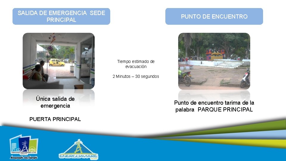 SALIDA DE EMERGENCIA SEDE PRINCIPAL PUNTO DE ENCUENTRO Tiempo estimado de evacuación 2 Minutos