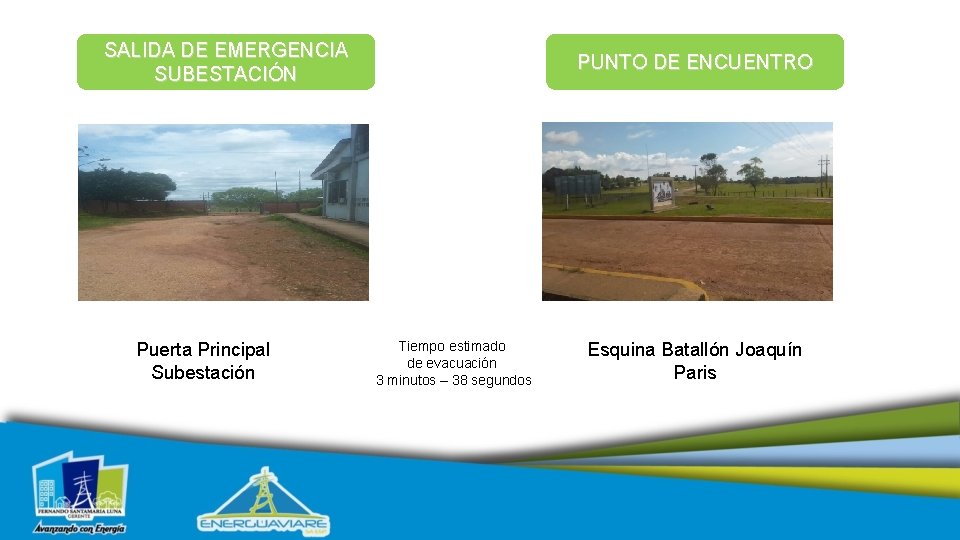 SALIDA DE EMERGENCIA SUBESTACIÓN Puerta Principal Subestación PUNTO DE ENCUENTRO Tiempo estimado de evacuación