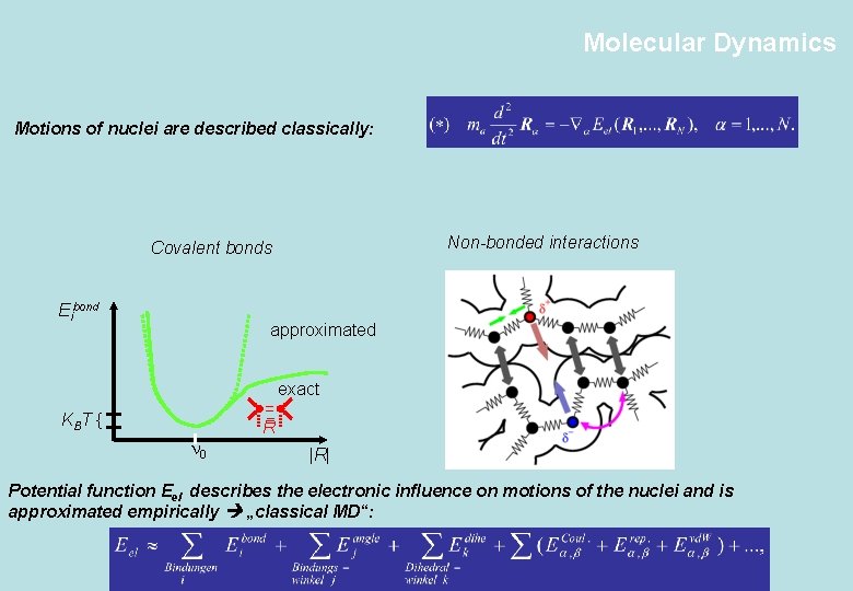 Molecular Dynamics Motions of nuclei are described classically: Non-bonded interactions Covalent bonds Eibond approximated