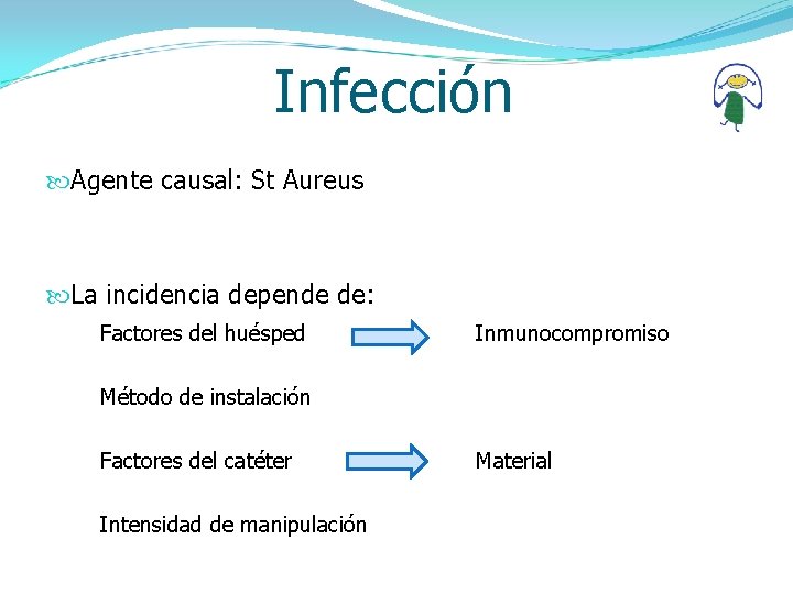Infección Agente causal: St Aureus La incidencia depende de: Factores del huésped Método de