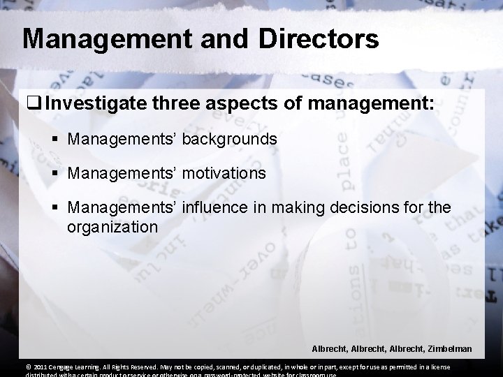 Management and Directors q Investigate three aspects of management: § Managements’ backgrounds § Managements’ Management and Directors q Investigate three aspects of management: § Managements’ backgrounds § Managements’