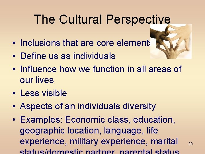 The Cultural Perspective • Inclusions that are core elements • Define us as individuals