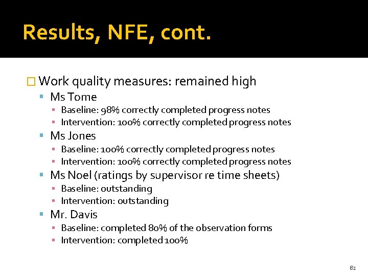 Results, NFE, cont. � Work quality measures: remained high Ms Tome ▪ Baseline: 98%