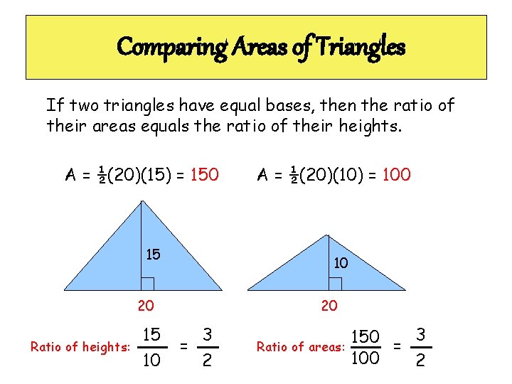 Comparing Areas of Triangles If two triangles have equal bases, then the ratio of