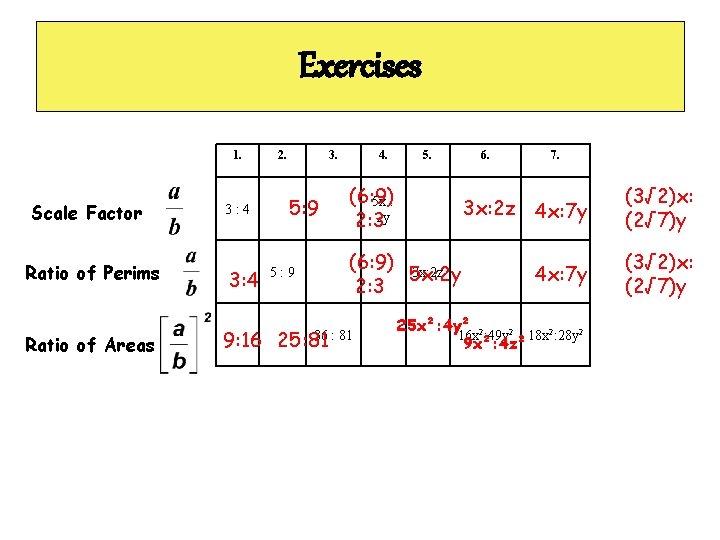 Exercises 1. Scale Factor Ratio of Perims Ratio of Areas 3: 4 9: 16