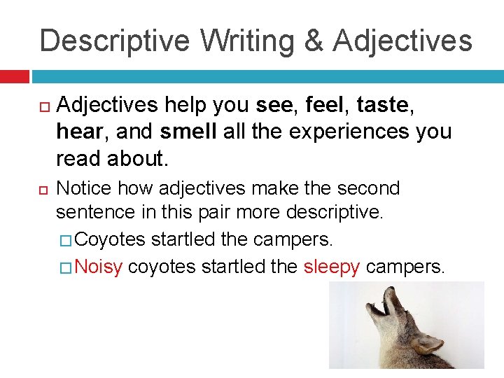 Descriptive Writing & Adjectives help you see, feel, taste, hear, and smell all the