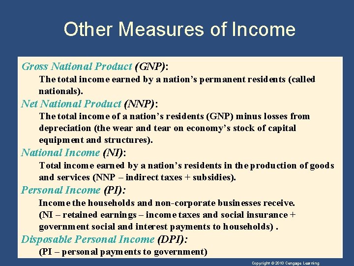 Other Measures of Income Gross National Product (GNP): The total income earned by a