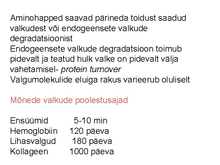 Aminohapped saavad pärineda toidust saadud valkudest või endogeensete valkude degradatsioonist Endogeensete valkude degradatsioon toimub