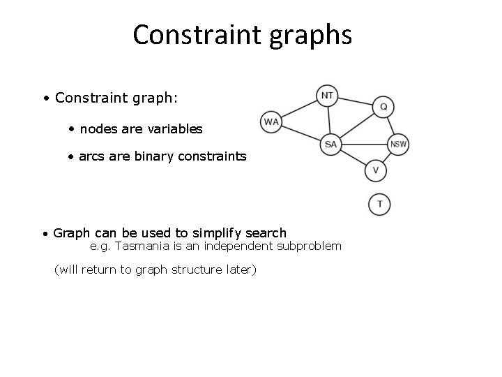 Constraint graphs • Constraint graph: • nodes are variables • arcs are binary constraints