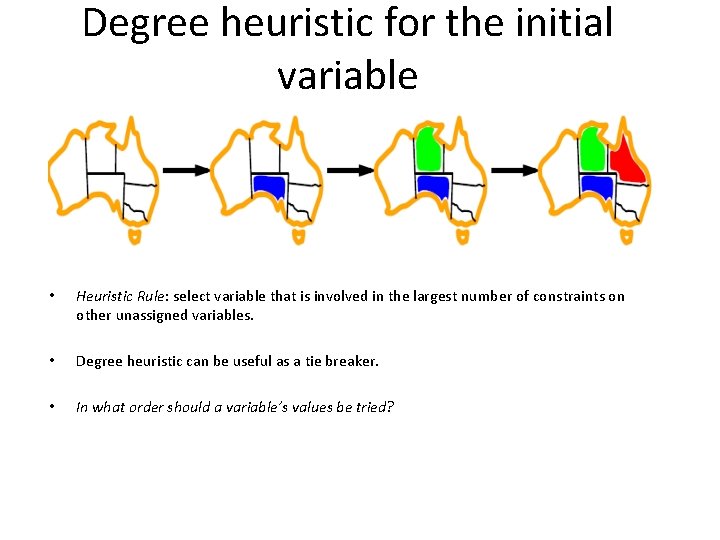 Degree heuristic for the initial variable • Heuristic Rule: select variable that is involved