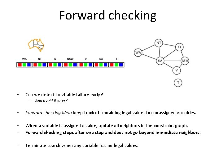 Forward checking • Can we detect inevitable failure early? – And avoid it later?