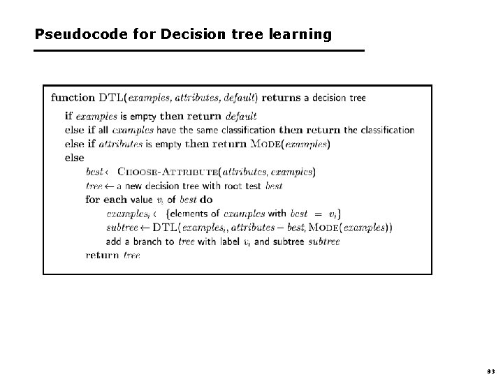 Pseudocode for Decision tree learning 83 