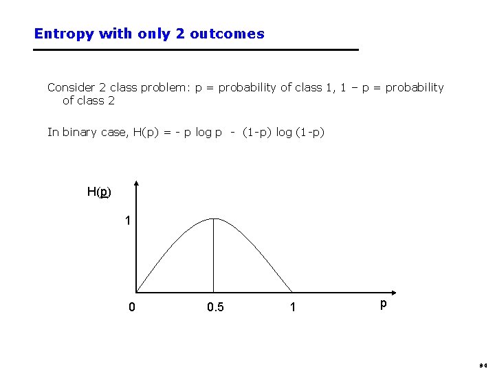 Entropy with only 2 outcomes Consider 2 class problem: p = probability of class