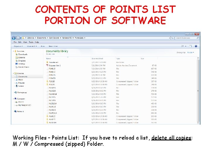 CONTENTS OF POINTS LIST PORTION OF SOFTWARE Working Files – Points List: If you