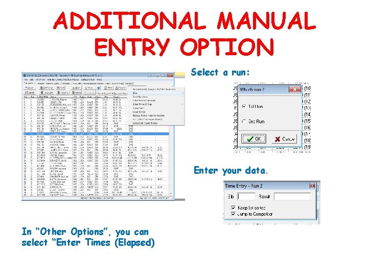 ADDITIONAL MANUAL ENTRY OPTION Select a run: Enter your data. In “Other Options”, you