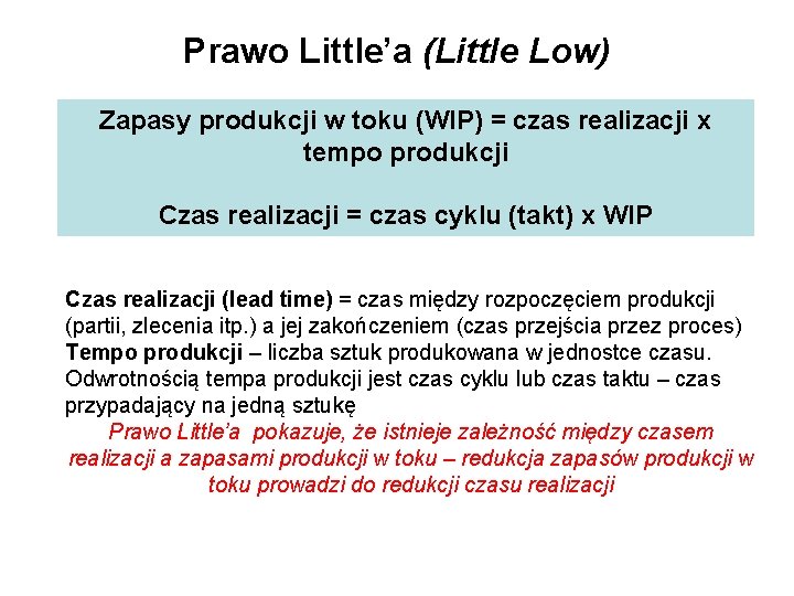 Prawo Little’a (Little Low) Zapasy produkcji w toku (WIP) = czas realizacji x tempo