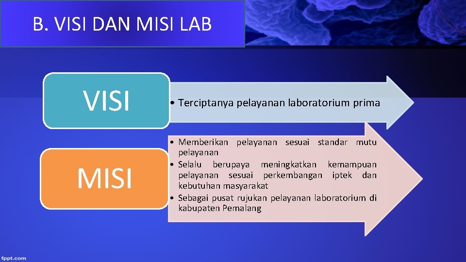 B. VISI DAN MISI LAB VISI • Terciptanya pelayanan laboratorium prima MISI • Memberikan B. VISI DAN MISI LAB VISI • Terciptanya pelayanan laboratorium prima MISI • Memberikan