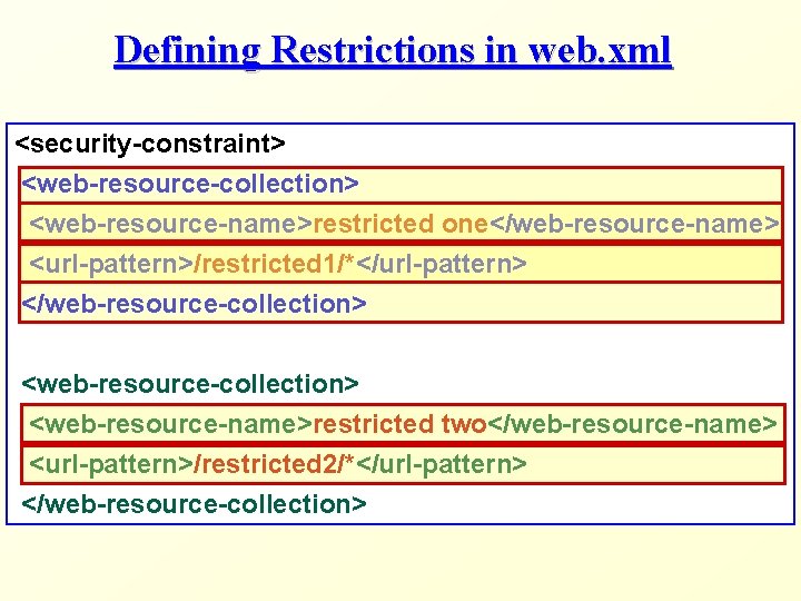 Defining Restrictions in web. xml <security-constraint> <web-resource-collection> <web-resource-name>restricted one</web-resource-name> <url-pattern>/restricted 1/*</url-pattern> </web-resource-collection> <web-resource-collection> <web-resource-name>restricted