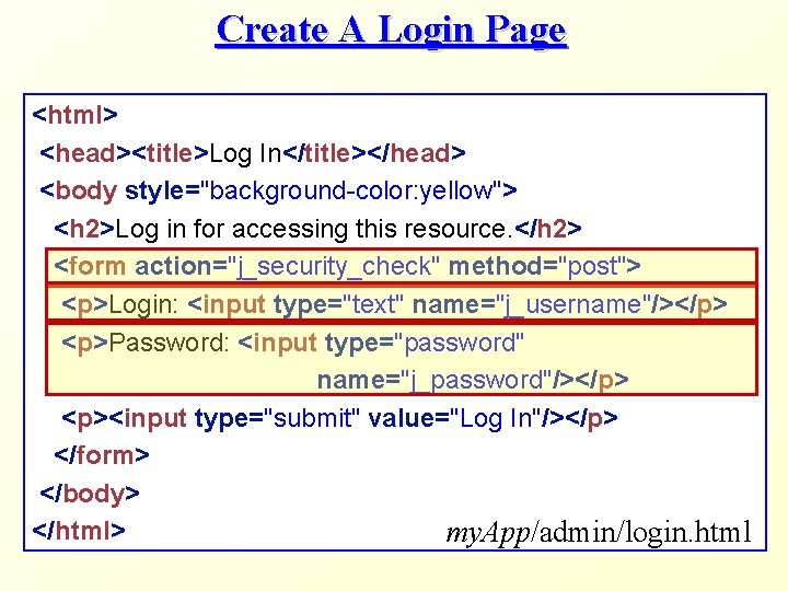 Create A Login Page <html> <head><title>Log In</title></head> <body style="background-color: yellow"> <h 2>Log in for