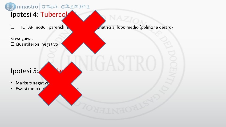 Ipotesi 4: Tubercolosi 1. TC TAP: noduli parenchimali calcifici millimetrici al lobo medio (polmone