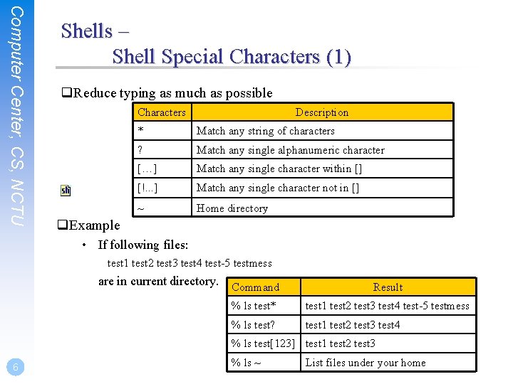 Computer Center, CS, NCTU Shells – Shell Special Characters (1) q. Reduce typing as