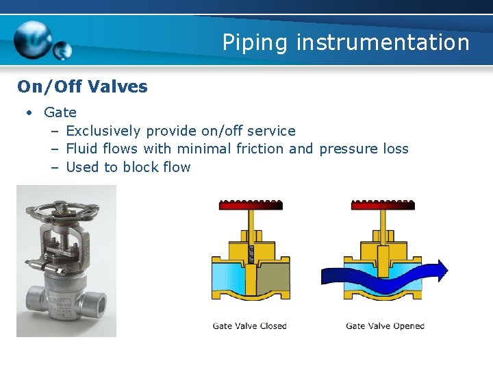 Piping instrumentation On/Off Valves • Gate – Exclusively provide on/off service – Fluid flows