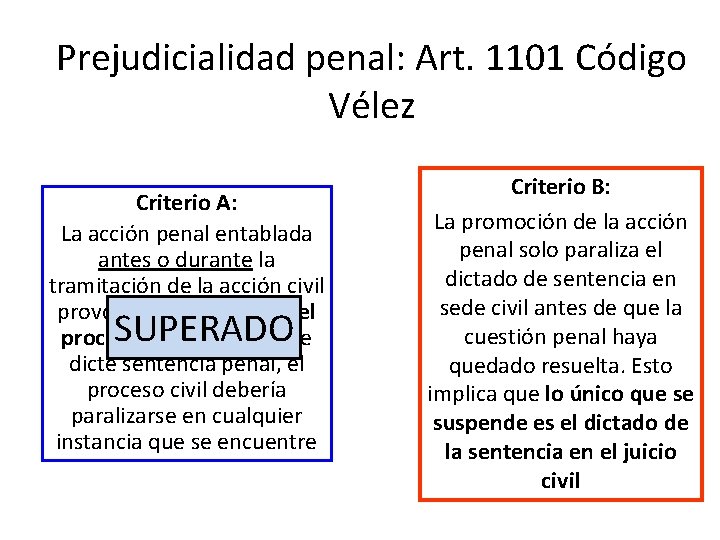 Prejudicialidad penal: Art. 1101 Código Vélez Criterio A: La acción penal entablada antes o