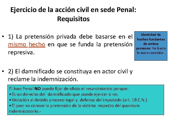 Ejercicio de la acción civil en sede Penal: Requisitos • 1) La pretensión privada