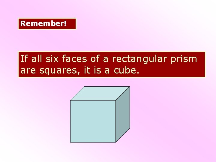 Remember! If all six faces of a rectangular prism are squares, it is a Remember! If all six faces of a rectangular prism are squares, it is a