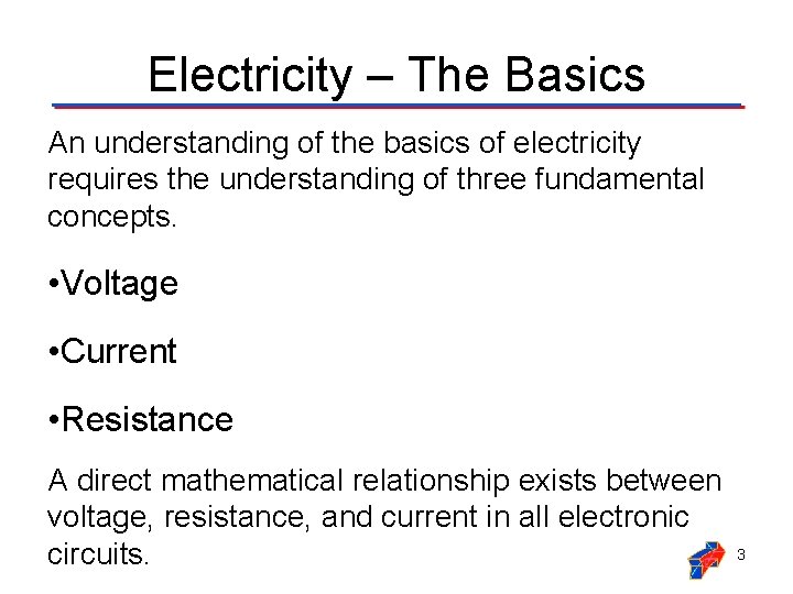 Electricity – The Basics An understanding of the basics of electricity requires the understanding