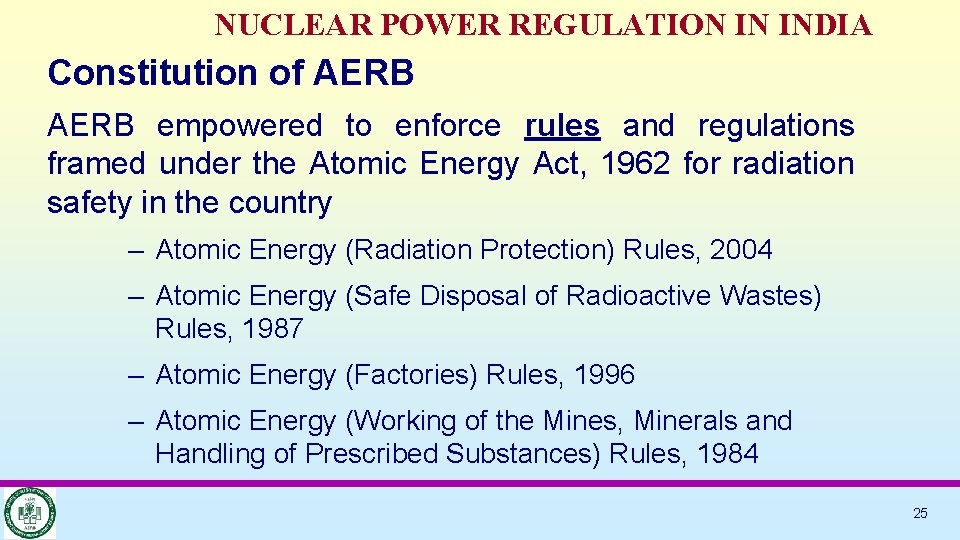 NUCLEAR POWER REGULATION IN INDIA Constitution of AERB empowered to enforce rules and regulations