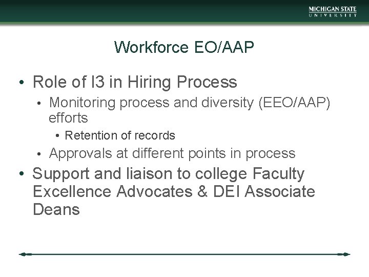 Workforce EO/AAP • Role of I 3 in Hiring Process • Monitoring process and