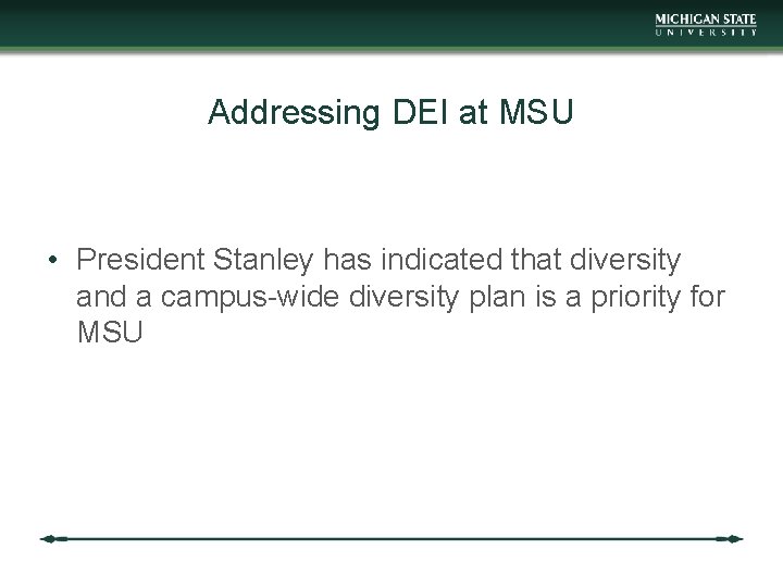Addressing DEI at MSU • President Stanley has indicated that diversity and a campus-wide