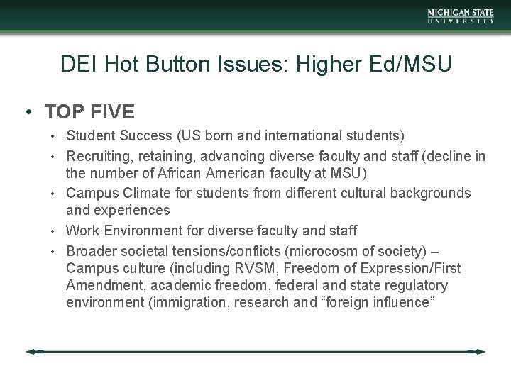 DEI Hot Button Issues: Higher Ed/MSU • TOP FIVE • Student Success (US born